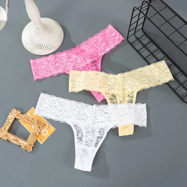 Solid Three Pieces Lace Floral Low Waist Breathable Sexy G-String Panties - Image 19