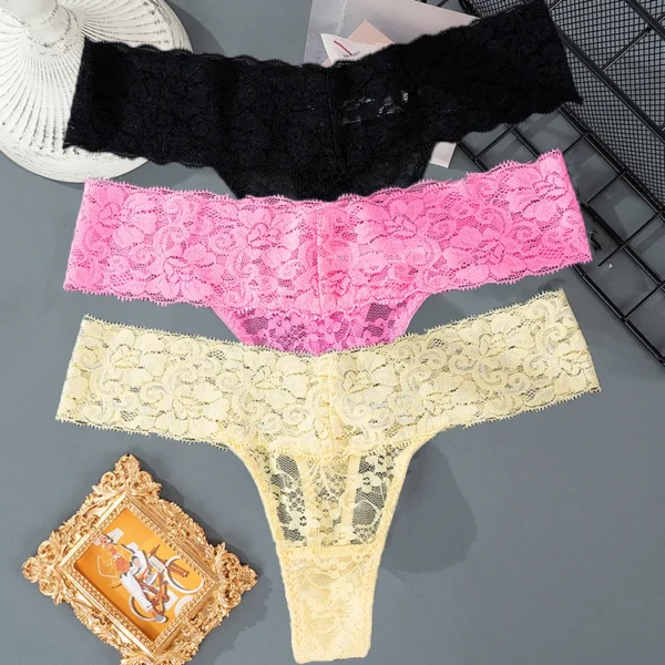 Solid Three Pieces Lace Floral Low Waist Breathable Sexy G-String Panties - Image 9