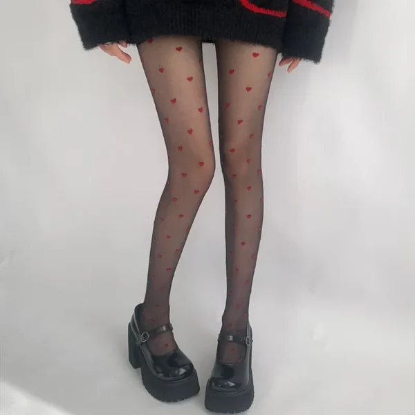 Lovely Exquisite Red Heart Print Silk Nylon Hosiery Stockings - Image 3