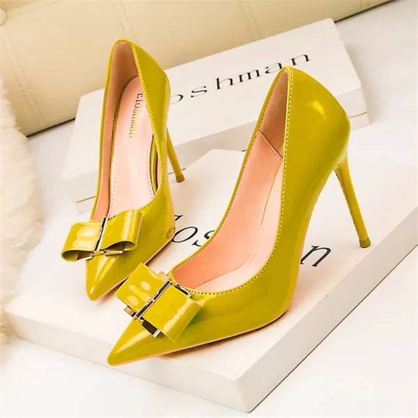 Elegant Classic Leather Metal Bow Knot Pointed High Heels Fashion Shoes - Image 9