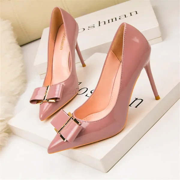 Elegant Classic Leather Metal Bow Knot Pointed High Heels Fashion Shoes - Image 10