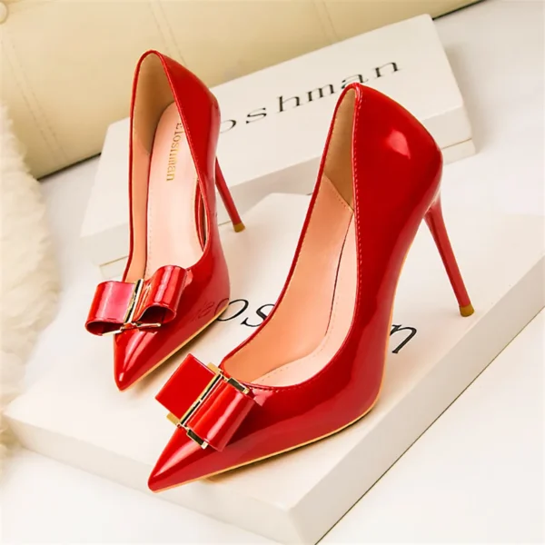 Elegant Classic Leather Metal Bow Knot Pointed High Heels Fashion Shoes - Image 2