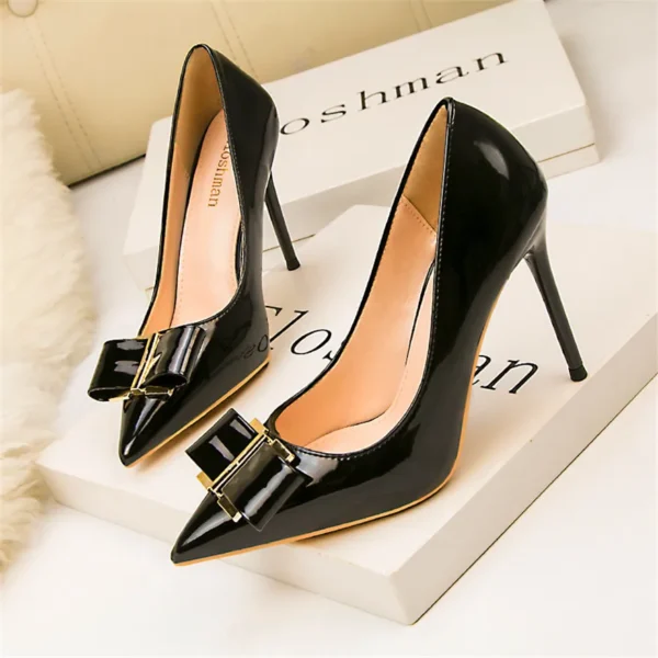 Elegant Classic Leather Metal Bow Knot Pointed High Heels Fashion Shoes - Image 8