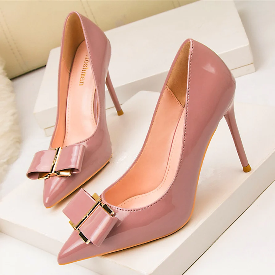 Elegant Classic Leather Metal Bow Knot Pointed High Heels Fashion Shoes