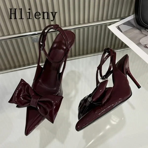 Wine Red Ankle Strap Stilettos Leather Slingbacks with Bow High Heels - Image 4