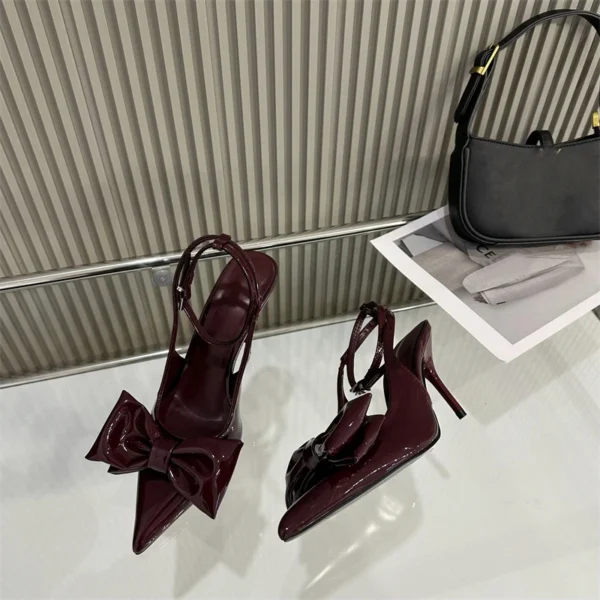 Wine Red Ankle Strap Stilettos Leather Slingbacks with Bow High Heels - Image 11